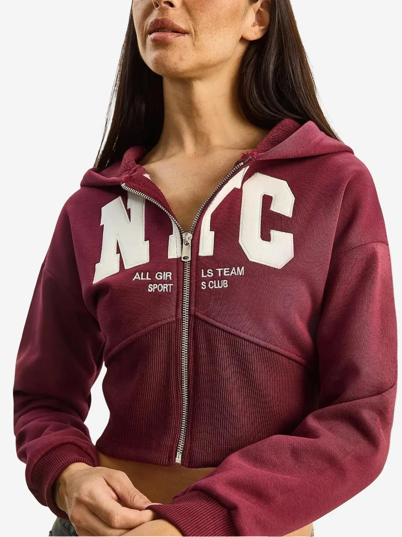 Bianco Lucci Burgundy Red LUCCI Hooded Printed Slim Fit Crop Cardigan for Women | Best Price UAE