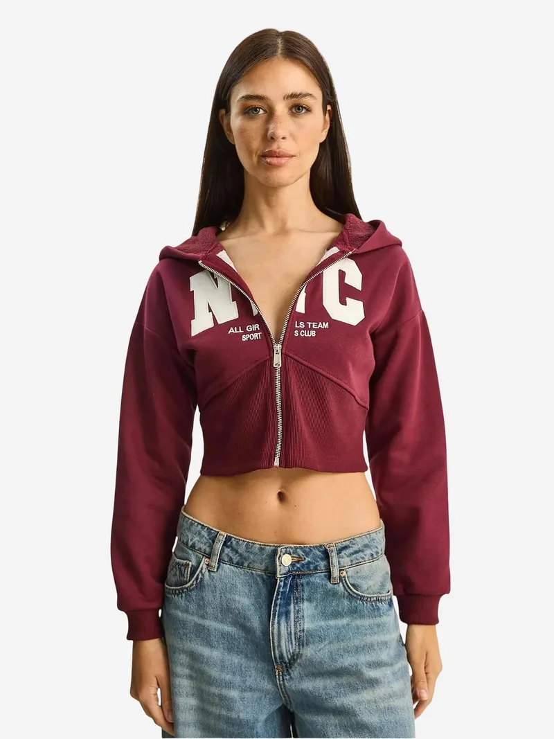 Bianco Lucci Burgundy Red LUCCI Hooded Printed Slim Fit Crop Cardigan for Women | Best Price UAE