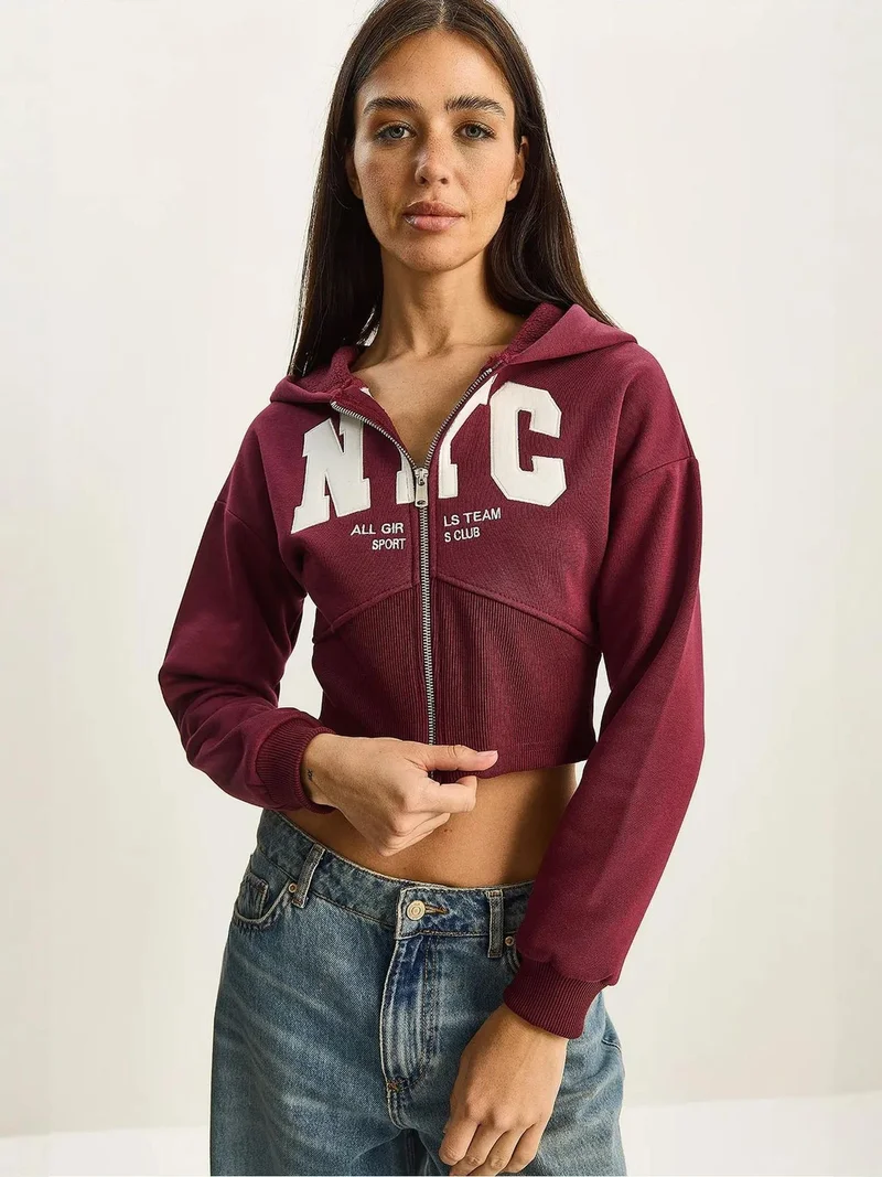 Bianco Lucci Burgundy Red LUCCI Hooded Printed Slim Fit Crop Cardigan for Women | Best Price UAE