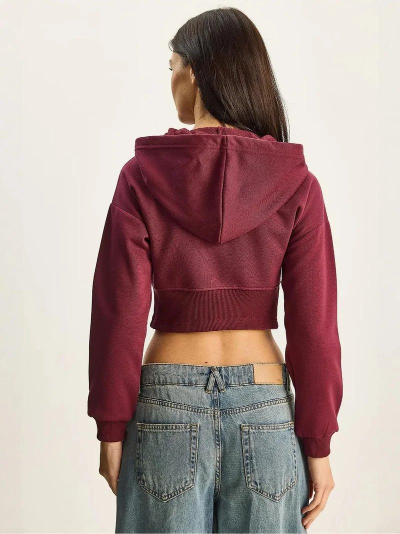 Bianco Lucci Burgundy Red LUCCI Hooded Printed Slim Fit Crop Cardigan for Women | Best Price UAE