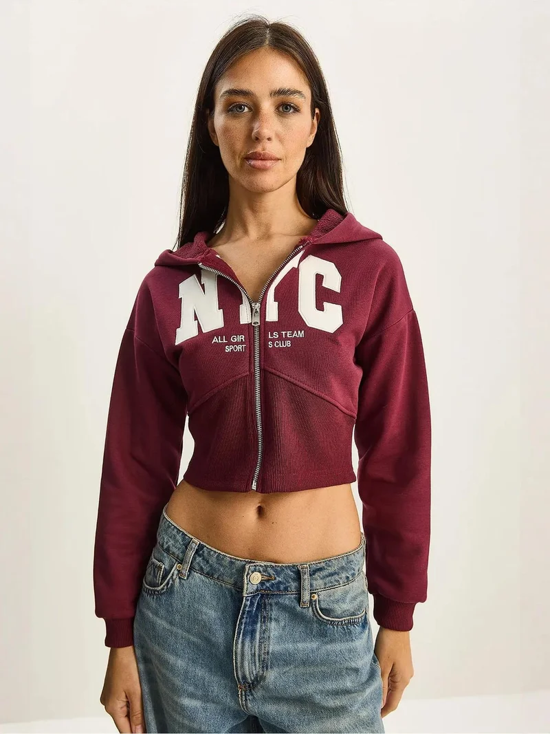Bianco Lucci Burgundy Red LUCCI Hooded Printed Slim Fit Crop Cardigan for Women | Best Price UAE
