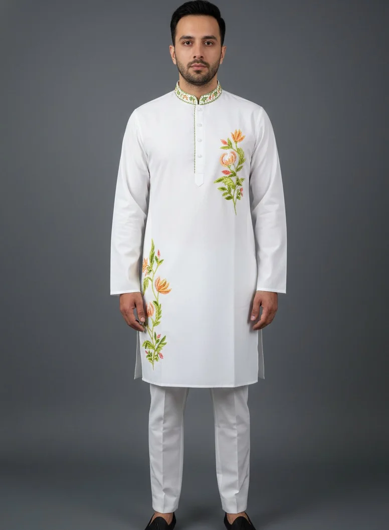 Lehar White Embroidered Cotton Kurta Co-rd Set with Straight Pants
