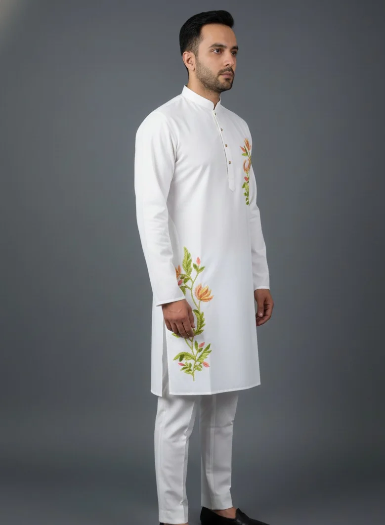 Lehar  White Embroidered Cotton Kurta Co-rd Set with Straight Pants for Men | Best Price UAE