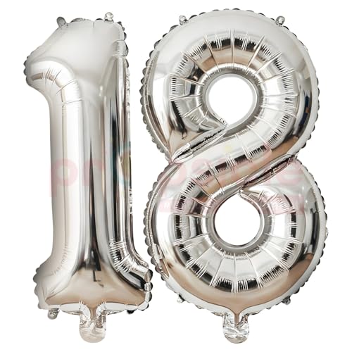 Propsicle 16 Inch Silver Number 18 Foil Balloons - (Pack of 2) Eighteen Numeric Balloons for Birthday or Anniversary Decoration, Photo Backdrop, Party Supplies - Image 1