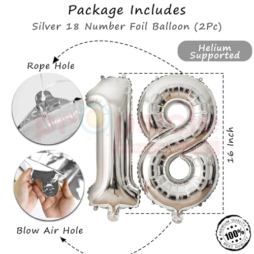 Propsicle 16 Inch Silver Number 18 Foil Balloons - (Pack of 2) Eighteen Numeric Balloons for Birthday or Anniversary Decoration, Photo Backdrop, Party Supplies - Image 2