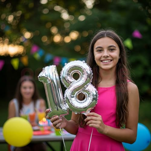 Propsicle 16 Inch Silver Number 18 Foil Balloons - (Pack of 2) Eighteen Numeric Balloons for Birthday or Anniversary Decoration, Photo Backdrop, Party Supplies - Image 5