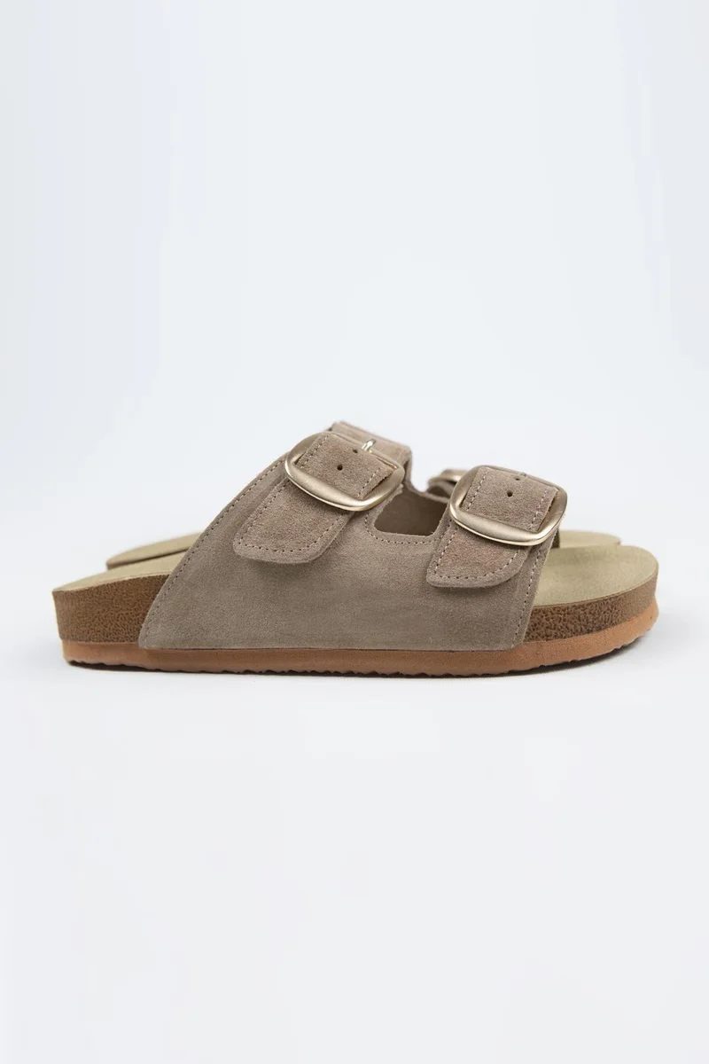 Manijero Manijero Irene Genuine Leather Double Buckle Mink Slippers