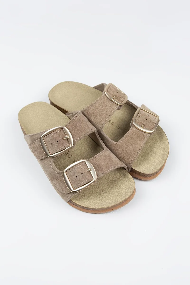 Manijero Manijero Irene Genuine Leather Double Buckle Mink Slippers