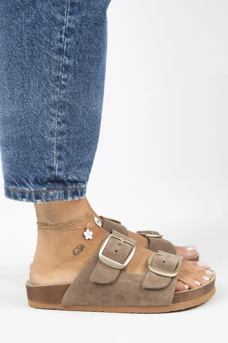 Manijero Manijero Irene Genuine Leather Double Buckle Mink Slippers