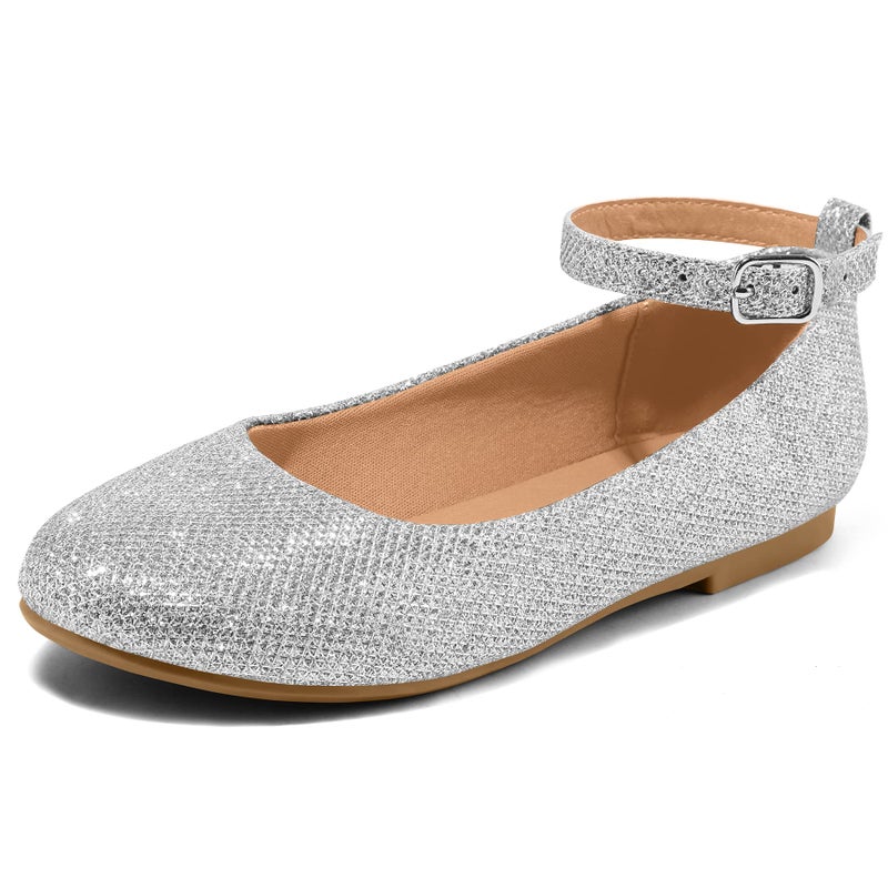 K KomForme Girl's Ballerina Flat Ankle Strap Dress Ballet Flat Shoes (Toddler/Little Kid/Big Kid) for Wedding Party School Silver - Image 1