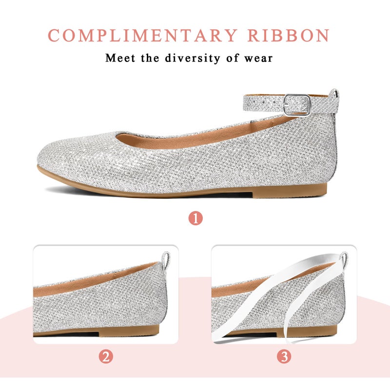 K KomForme Girl's Ballerina Flat Ankle Strap Dress Ballet Flat Shoes (Toddler/Little Kid/Big Kid) for Wedding Party School Silver - Image 3