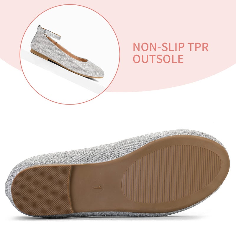 K KomForme Girl's Ballerina Flat Ankle Strap Dress Ballet Flat Shoes (Toddler/Little Kid/Big Kid) for Wedding Party School Silver - Image 4