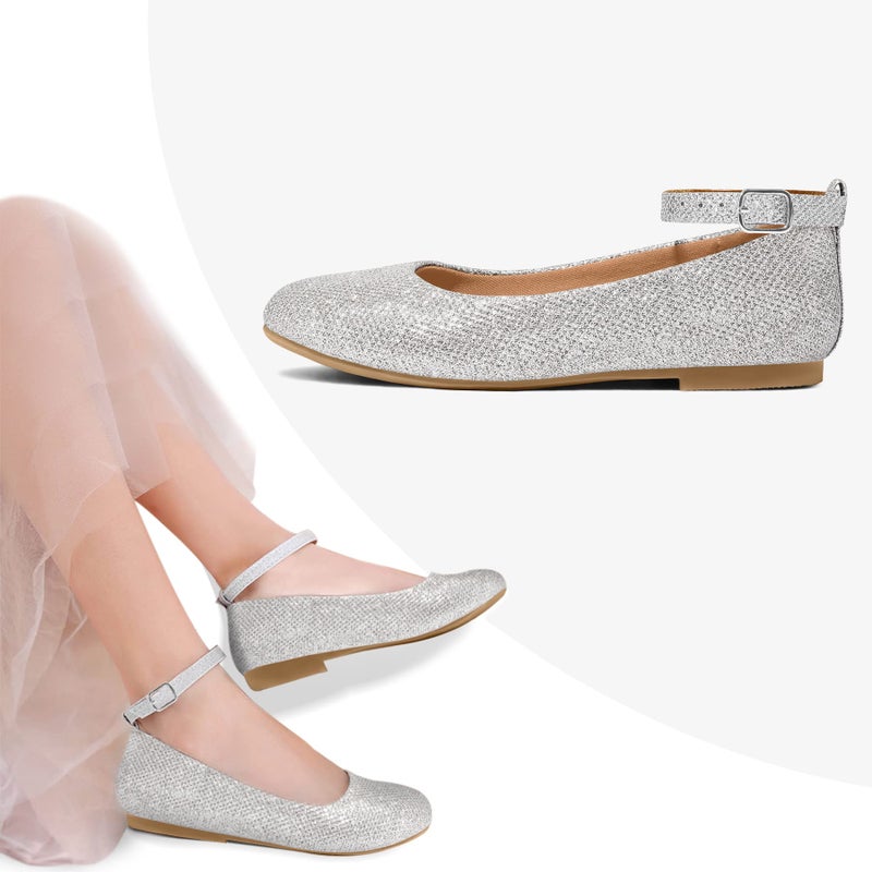 K KomForme Girl's Ballerina Flat Ankle Strap Dress Ballet Flat Shoes (Toddler/Little Kid/Big Kid) for Wedding Party School Silver - Image 2