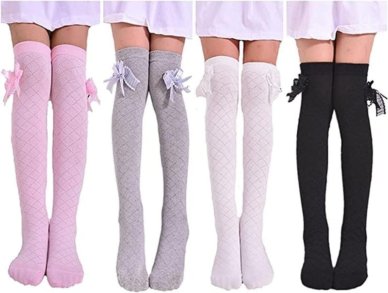 Galox Girls Stockings, Bow Style Knee High Socks, Middle Tall Socks Bow Mesh Diamond Check, Heelless Straight Children's Socks 4 Pair - Image 1