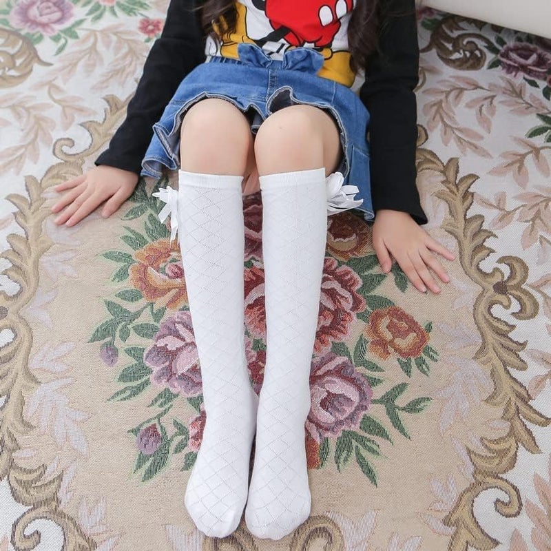 Galox Girls Stockings, Bow Style Knee High Socks, Middle Tall Socks Bow Mesh Diamond Check, Heelless Straight Children's Socks 4 Pair - Image 4