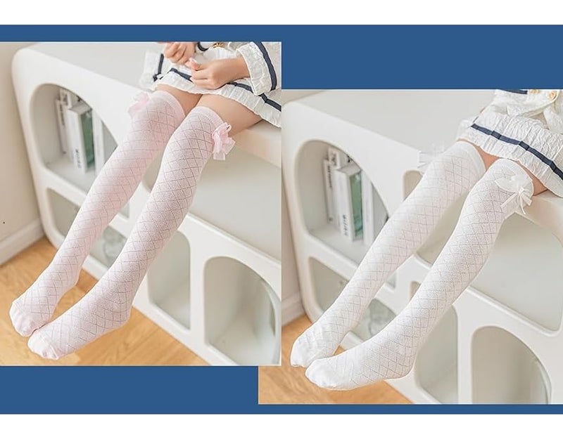 Galox Girls Stockings, Bow Style Knee High Socks, Middle Tall Socks Bow Mesh Diamond Check, Heelless Straight Children's Socks 4 Pair - Image 5