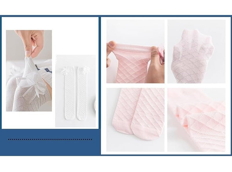 Galox Girls Stockings, Bow Style Knee High Socks, Middle Tall Socks Bow Mesh Diamond Check, Heelless Straight Children's Socks 4 Pair - Image 2