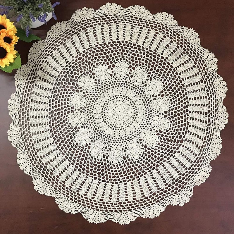 Hetao 100% Cotton Handmade Crochet Round Tablecloth Doilies Lace Table Covers,Beige, 27 Inch - Image 1
