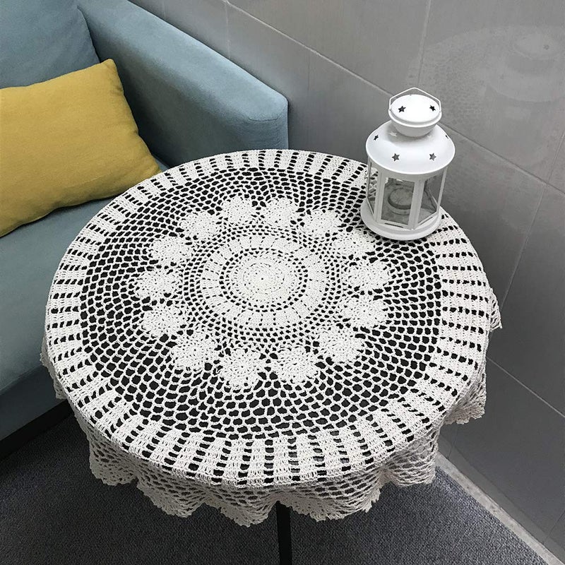 Hetao 100% Cotton Handmade Crochet Round Tablecloth Doilies Lace Table Covers,Beige, 27 Inch - Image 3