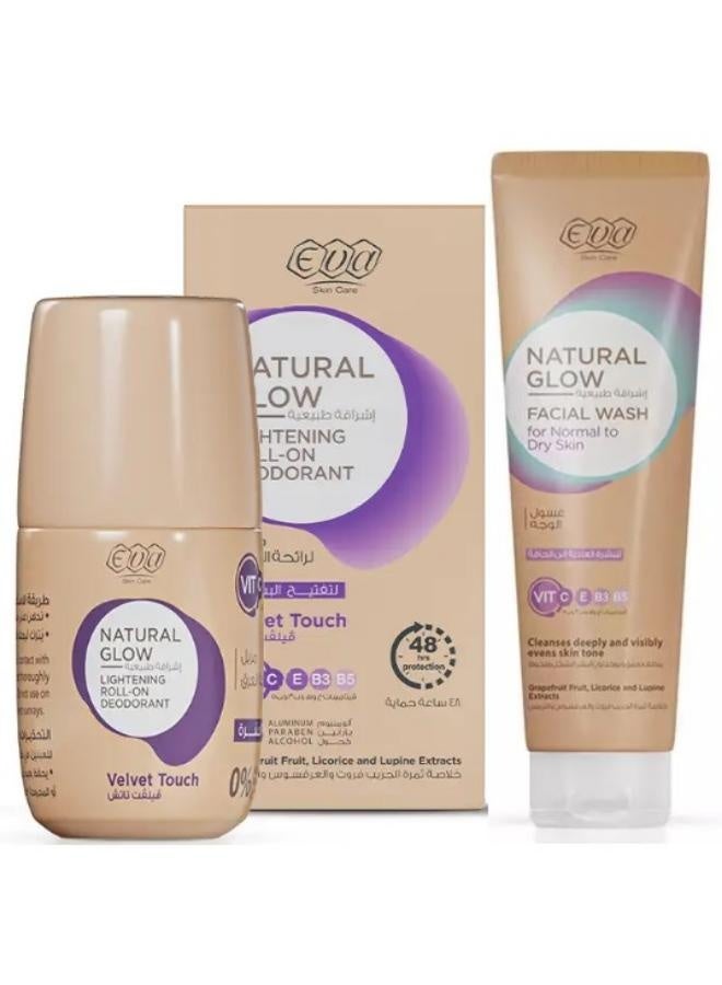 إيفا سكين كير ﺇشراقة طبيعية غسول الوجه للبشرة العادية إلى الجافة 100 مل + سكين كير اشراقه طبيعيه رول اون مزيل لرائحه العرق لتفتيح البشره ڤيلڤت تاتش 60 جرام - Image 1