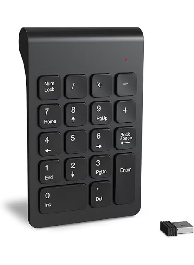 لوحة مفاتيح رقمية لاسلكية، لوحة ارقام لاسلكية محمولة سيمتيك 2.4G مع مستقبل USB، لوحة مفاتيح صغيرة 18 مفتاح للابتوب والنوت بوك والكمبيوتر المكتبي وسيرفيس برو - اسود - Image 1