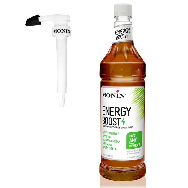 Monin Energy Boost Liquid Energy Supplement Subtle Tea Flavor Zero Added Sugar Great for Coffee Soda More LowCalorie Contains Natural Caffeine GlutenFree Clean Label 1 Liter Pump