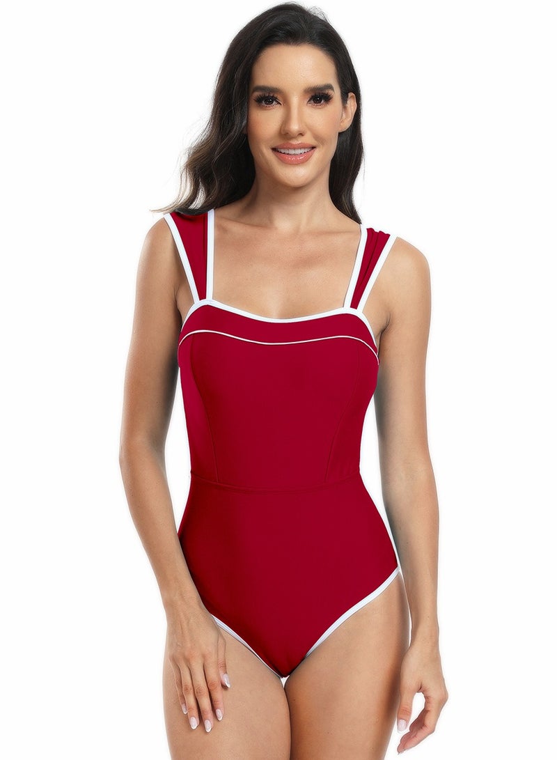 Loquat Women's One Piece Swimsuit Wide Strapes Bathing Suits Wine Red - Image 1