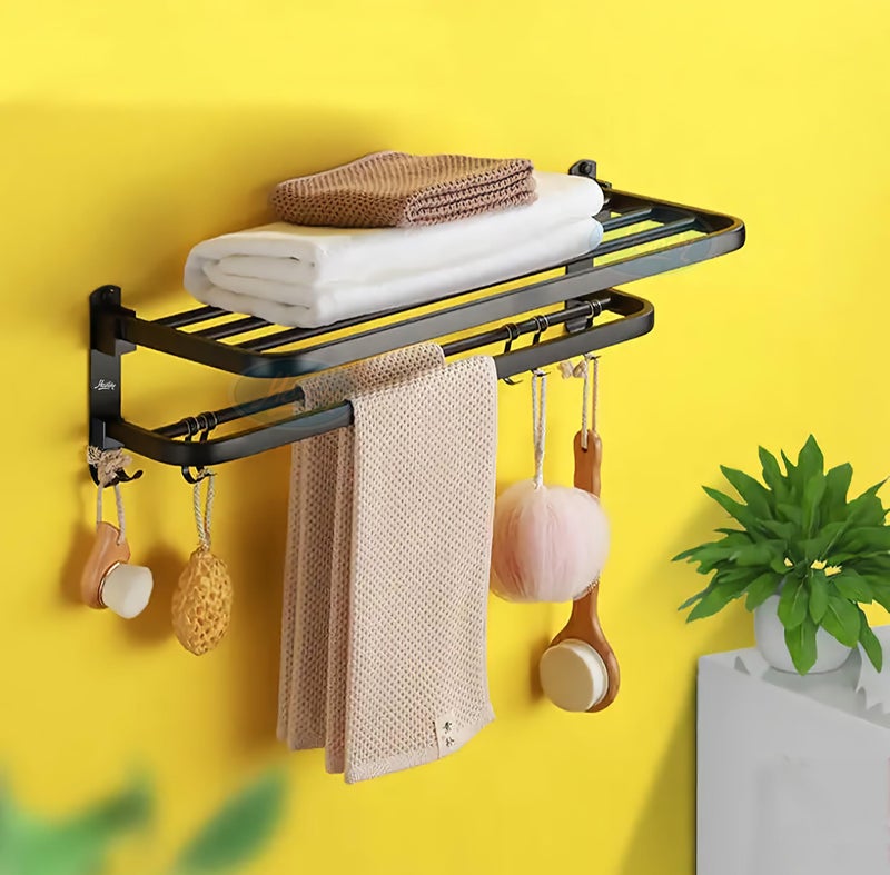 HANDY Bathroom Accessories Dual Folding Towel Racks | Stainless Steel 304 Grade Bathroom towel Rack | Black Towel Racks| Hanger Stand Towel Rack for Bathroom |Towel Rack with Hooks (Black, 24 inch) - Image 1