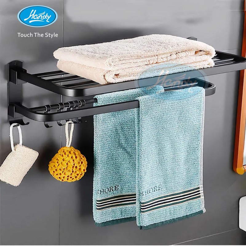 HANDY Bathroom Accessories Dual Folding Towel Racks | Stainless Steel 304 Grade Bathroom towel Rack | Black Towel Racks| Hanger Stand Towel Rack for Bathroom |Towel Rack with Hooks (Black, 24 inch) - Image 2