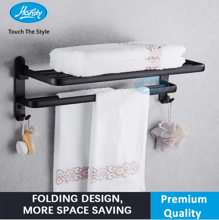HANDY Bathroom Accessories Dual Folding Towel Racks | Stainless Steel 304 Grade Bathroom towel Rack | Black Towel Racks| Hanger Stand Towel Rack for Bathroom |Towel Rack with Hooks (Black, 24 inch) - Image 3