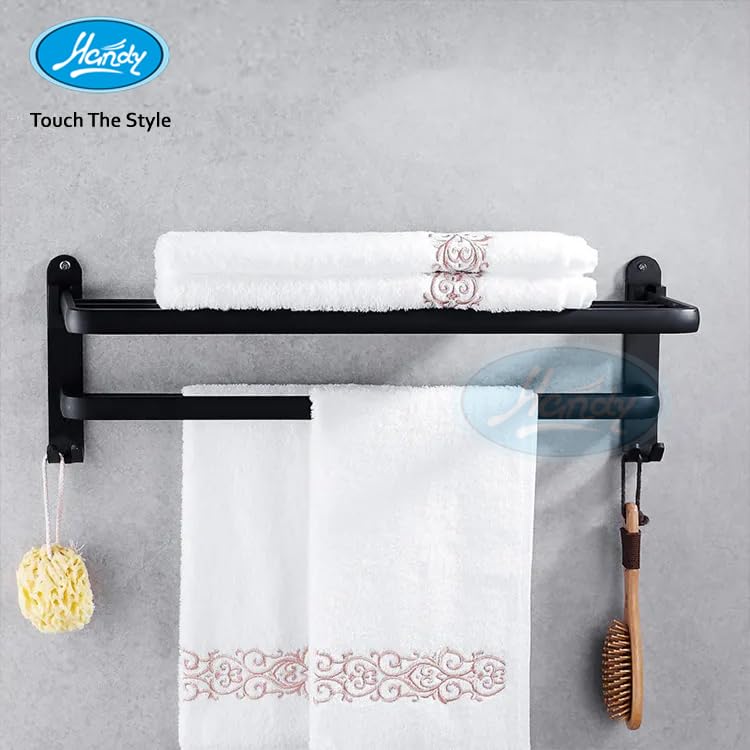 HANDY Bathroom Accessories Dual Folding Towel Racks | Stainless Steel 304 Grade Bathroom towel Rack | Black Towel Racks| Hanger Stand Towel Rack for Bathroom |Towel Rack with Hooks (Black, 24 inch) - Image 5