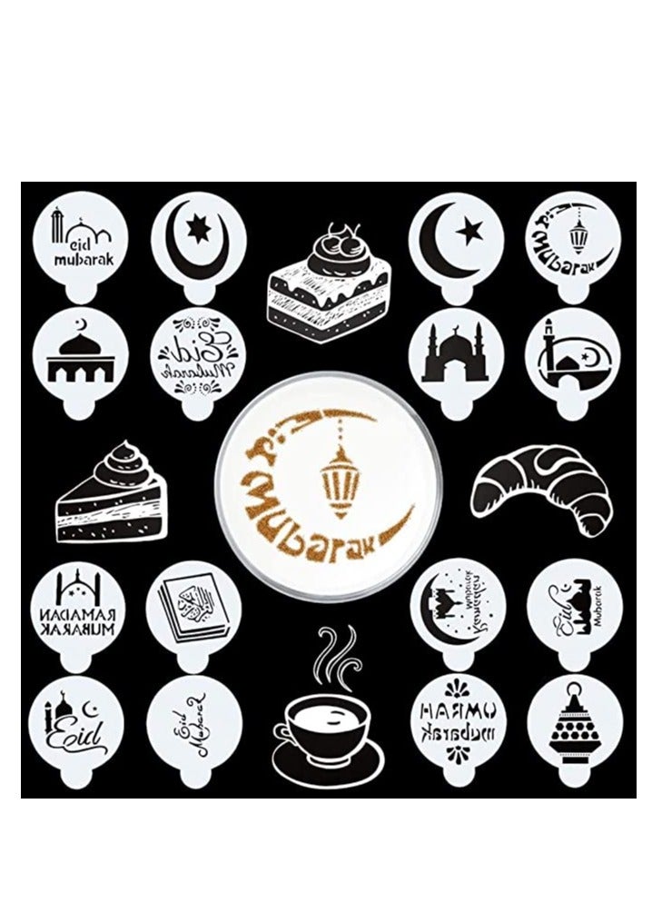 Barakah 16Pcs Eid Ramadan Coffee Decorating Stencils Reusable Cake Cookies Baking Painting Journal Mold Tools Templates Decor, Dessert Coffee Chocolate DIY Craft Islamic Ramadan Party Supplies - Image 1