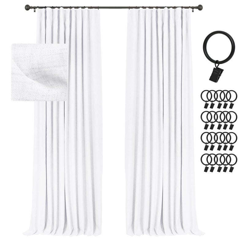 INOVADAY 100 Blackout Curtains for Bedroom Black Out Curtains 108 Inch Long Clip Rings Linen Blackout Drapes Thermal Insulated Room Darkening for Living Room 2 Panels  BrightwhiteW50xL108
