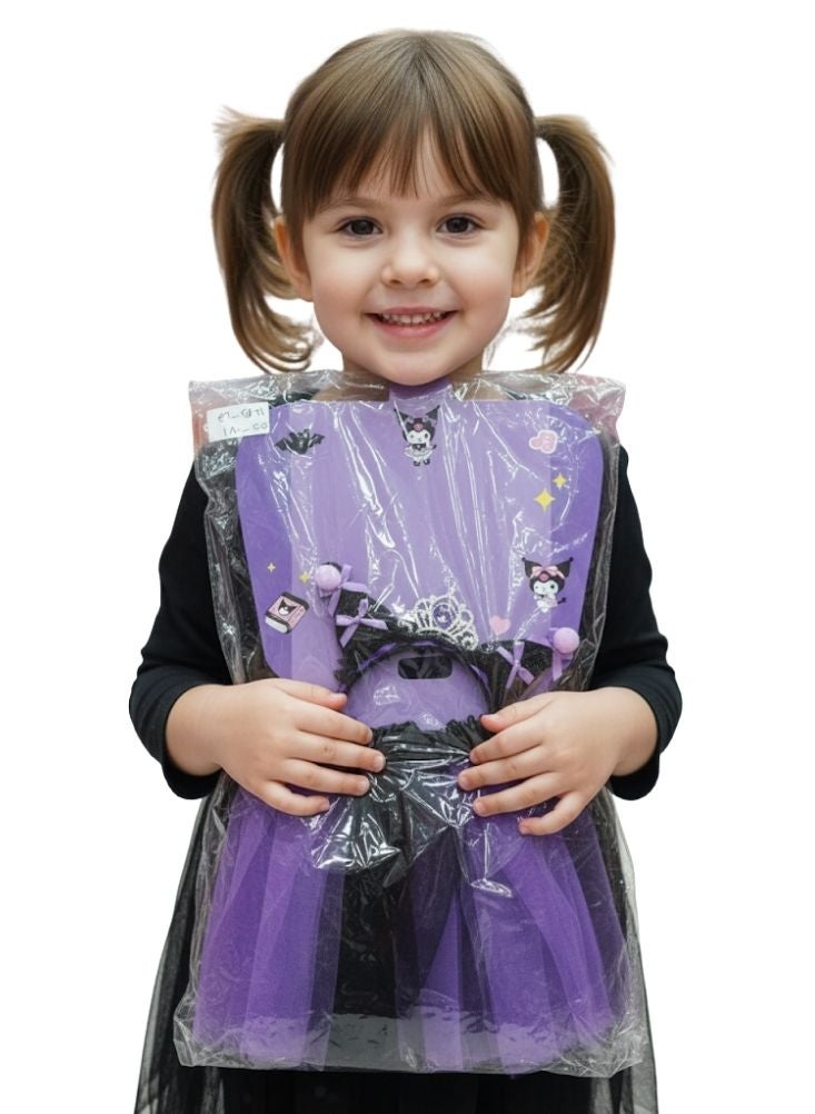 بريميم فستان تنكري للهالوين للبنات من تصميم كورومي، ساحرة، باللونين البنفسجي والأسود، مع عصابة رأس للأطفال. - Image 2