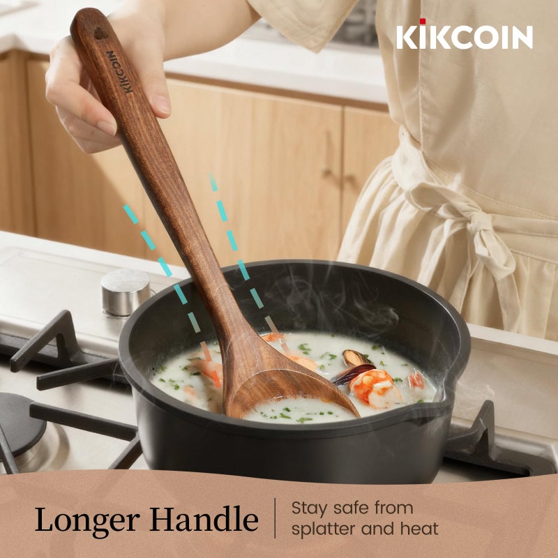 Kikcoin Wood Kitchen Utensils Set, 7 PCS Solid Teak Wooden Spoons for Cooking with Long Handle Heat-Resistant Wooden Cooking Utensils Set for Non-stick Cookware Including Hanging Hole - Image 4
