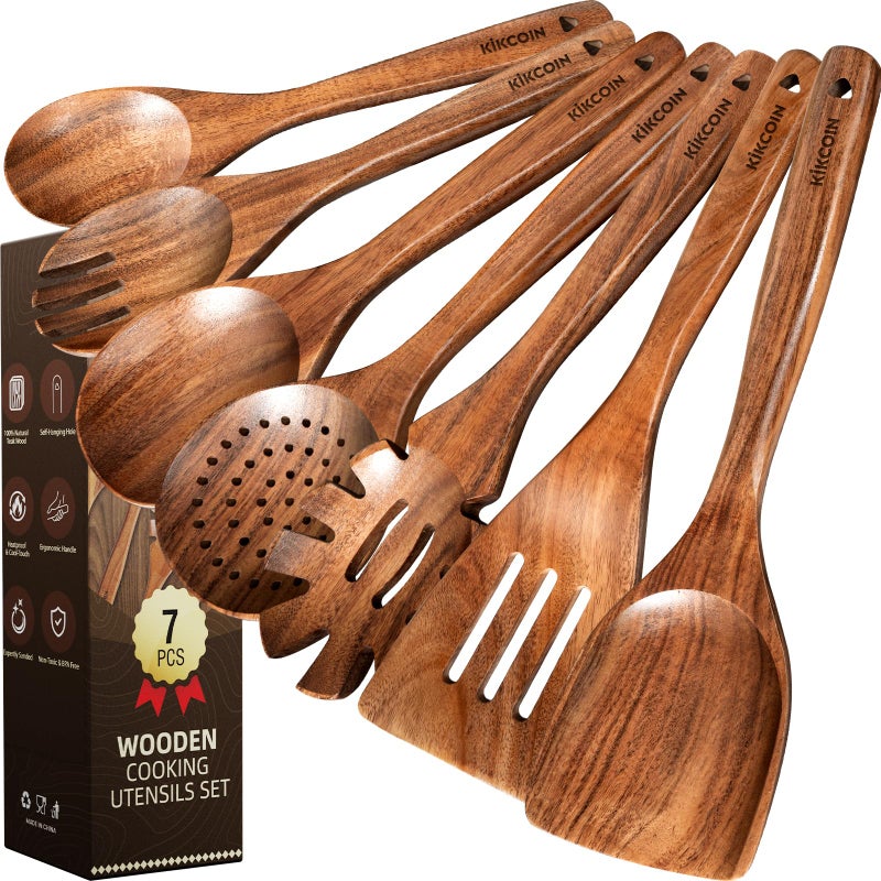 Kikcoin Wood Kitchen Utensils Set, 7 PCS Solid Teak Wooden Spoons for Cooking with Long Handle Heat-Resistant Wooden Cooking Utensils Set for Non-stick Cookware Including Hanging Hole - Image 1