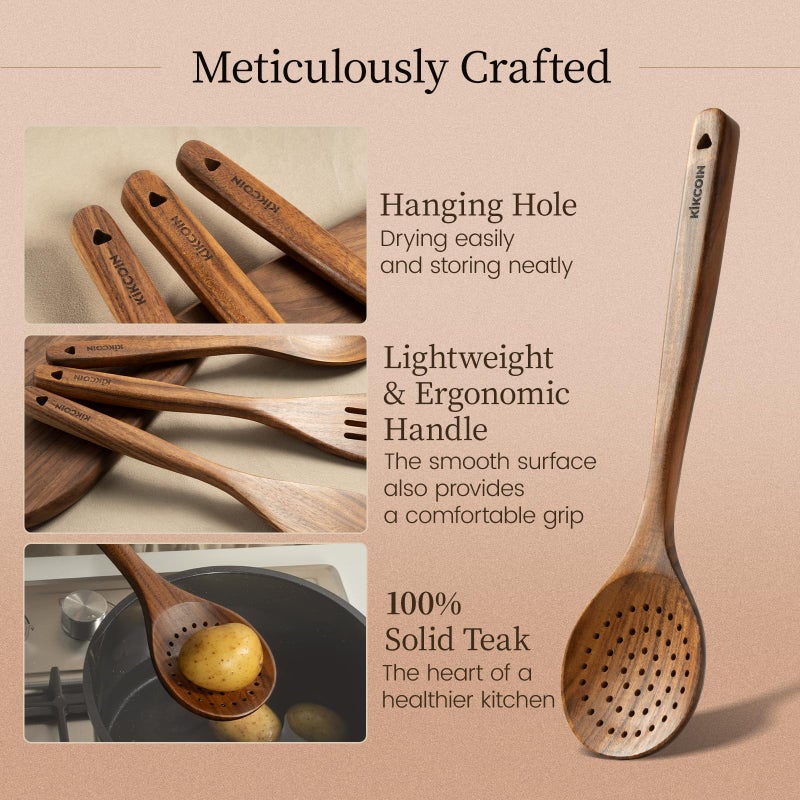 Kikcoin Wood Kitchen Utensils Set, 7 PCS Solid Teak Wooden Spoons for Cooking with Long Handle Heat-Resistant Wooden Cooking Utensils Set for Non-stick Cookware Including Hanging Hole - Image 5