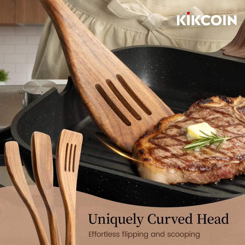 Kikcoin Wood Kitchen Utensils Set, 7 PCS Solid Teak Wooden Spoons for Cooking with Long Handle Heat-Resistant Wooden Cooking Utensils Set for Non-stick Cookware Including Hanging Hole - Image 3