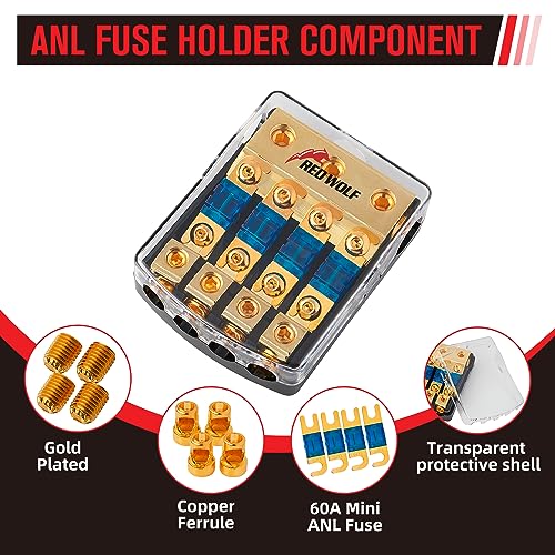 RED WOLF 4 Way ANL Fuse Holder 60A, 0/2/4 Gauge in 4/8 Gauge Out Fuse Distribution Block for Car Boat Trolling Motor Marine Audio Amplifier Stereo Video System 12V - Image 5