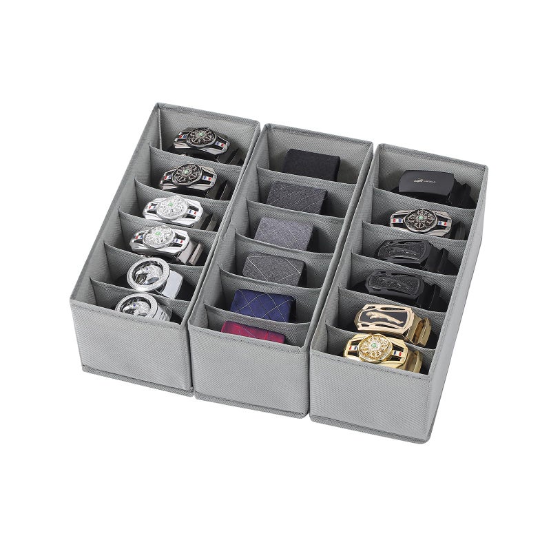 Coorganisers 3 Packs Fabric Belt Organizer for Closet and Drawer Foldable 6 Grids Dresser Drawer Organizers Belt Tie Holder Tie BoxGrey