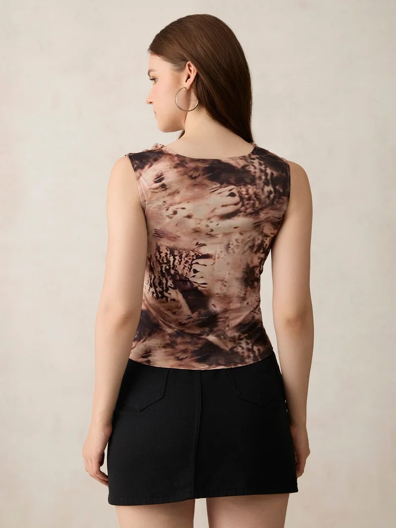 Outzidr  Brown Printed Sleeveless Top for Women | Best Price UAE