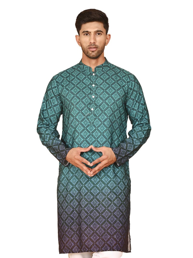 Jompers Ombre Printed Kurtas for Men (Teal Blue, XL) - Image 1
