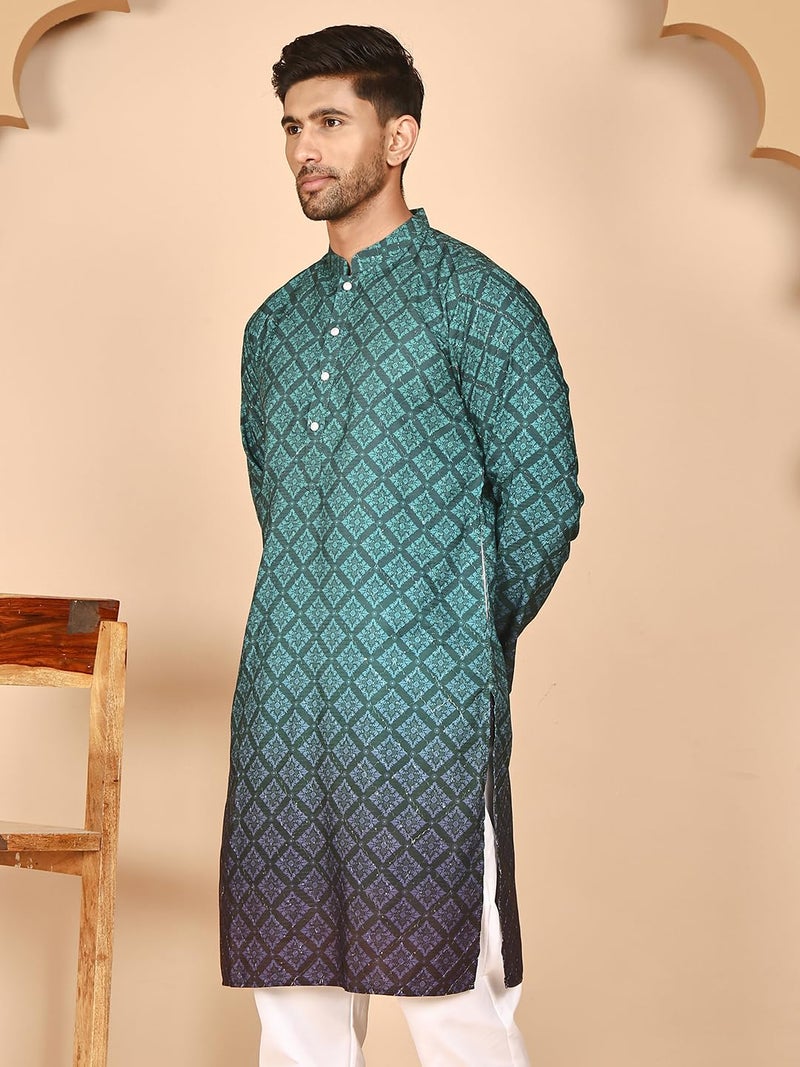 Jompers Ombre Printed Kurtas for Men (Teal Blue, XL) - Image 2