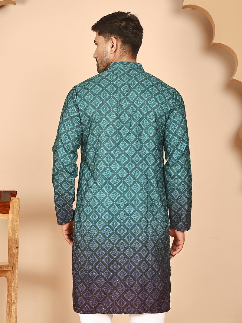Jompers Ombre Printed Kurtas for Men (Teal Blue, XL) - Image 3
