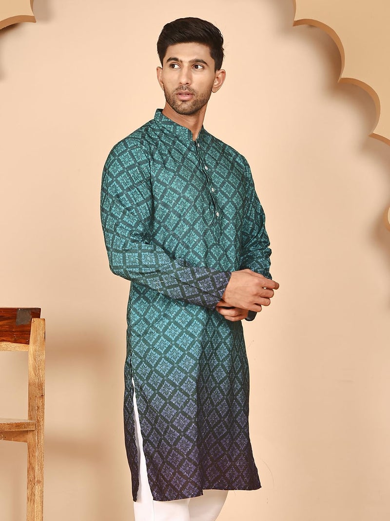 Jompers Ombre Printed Kurtas for Men (Teal Blue, XL) - Image 4