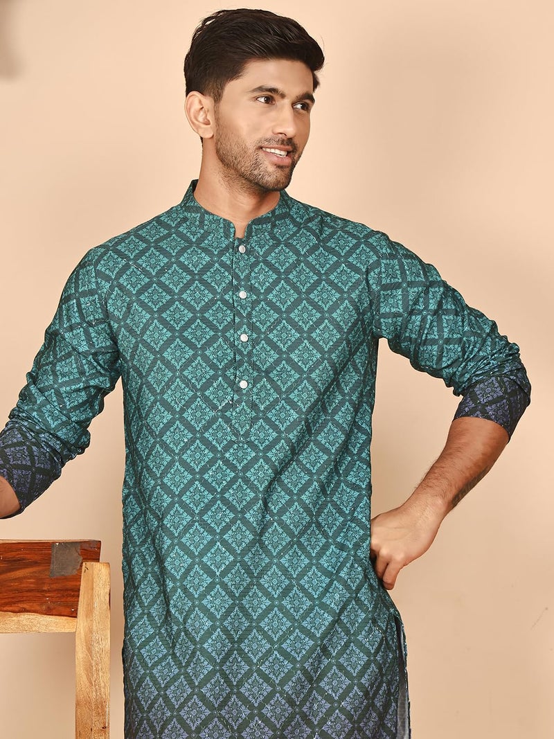 Jompers Ombre Printed Kurtas for Men (Teal Blue, XL) - Image 5