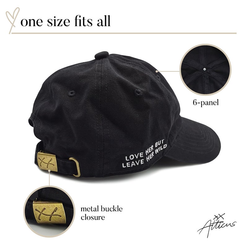 Atticus قبعة أبي شعر أتيكوس، أحبها لكن اتركها حرة - قبعة بيسبول قطنية عصرية للصيف للفتيات مع مشبك مخصص، حجم قابل للتعديل (أسود، قلب) - Image 3