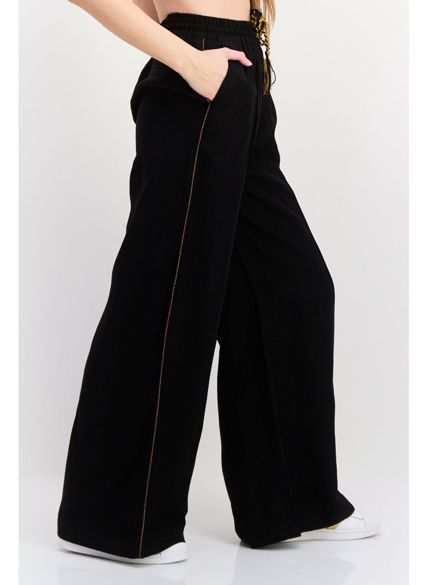 Scotch & Soda Women Regular Fit 32 Length Plain Wide Leg Pants, Black  - Image 3