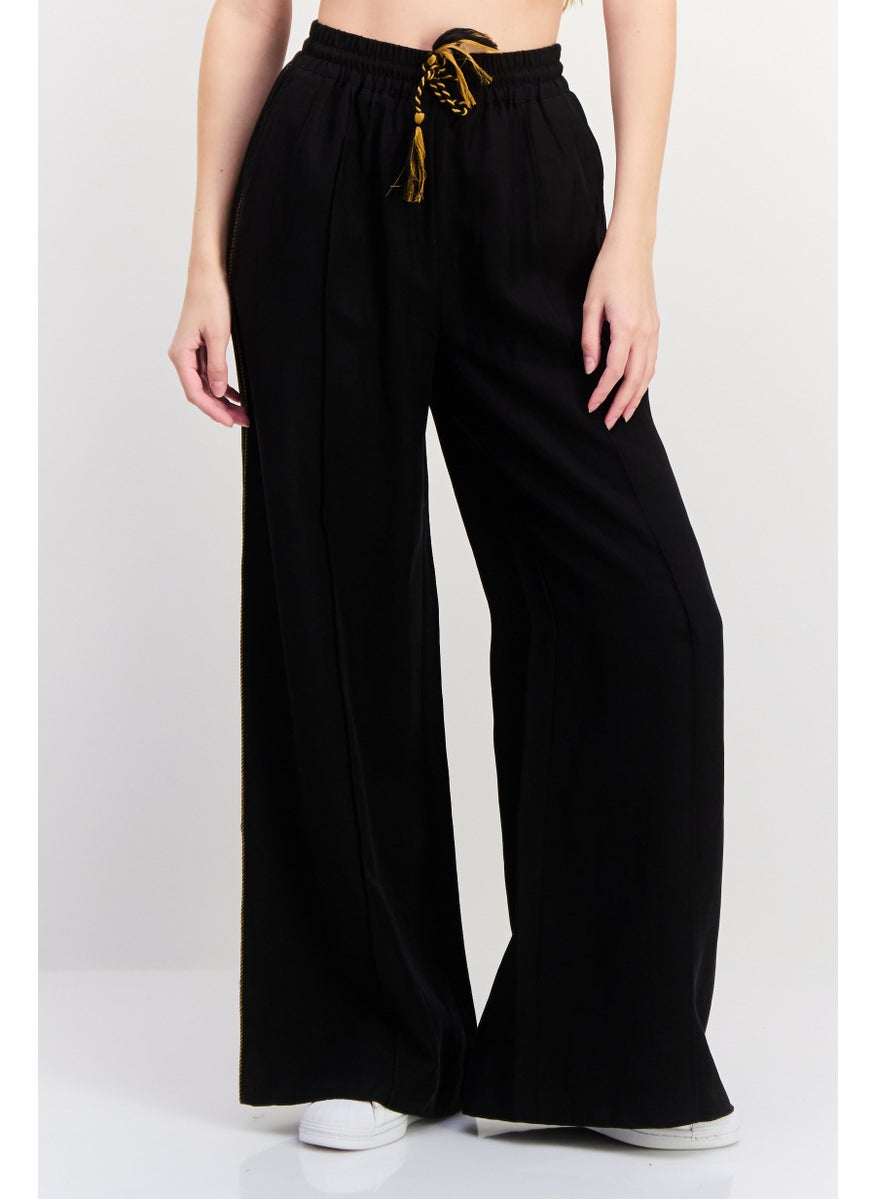 Scotch & Soda Women Regular Fit 32 Length Plain Wide Leg Pants, Black  - Image 1