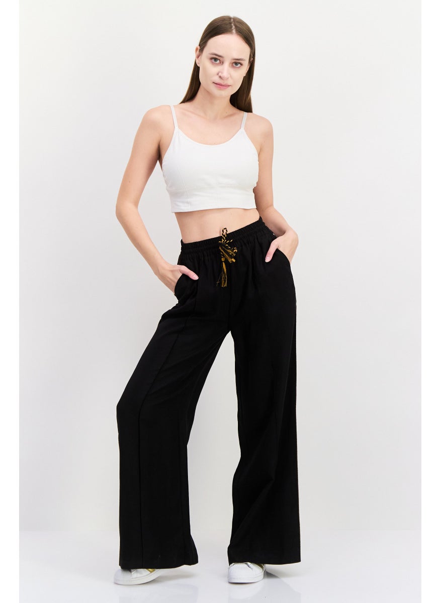 Scotch & Soda Women Regular Fit 32 Length Plain Wide Leg Pants, Black  - Image 2